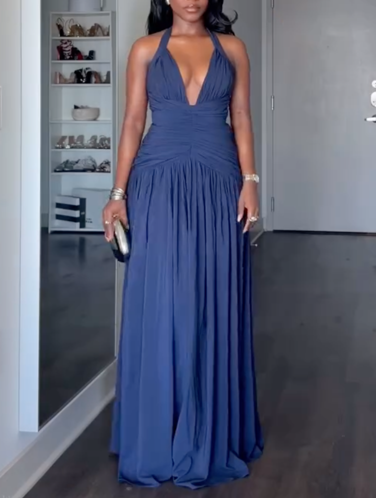 Navy Blue Halter Neck Deep V Ruched Waist High Slit Flowy Chiffon Maxi Formal Evening Prom Gala Gown