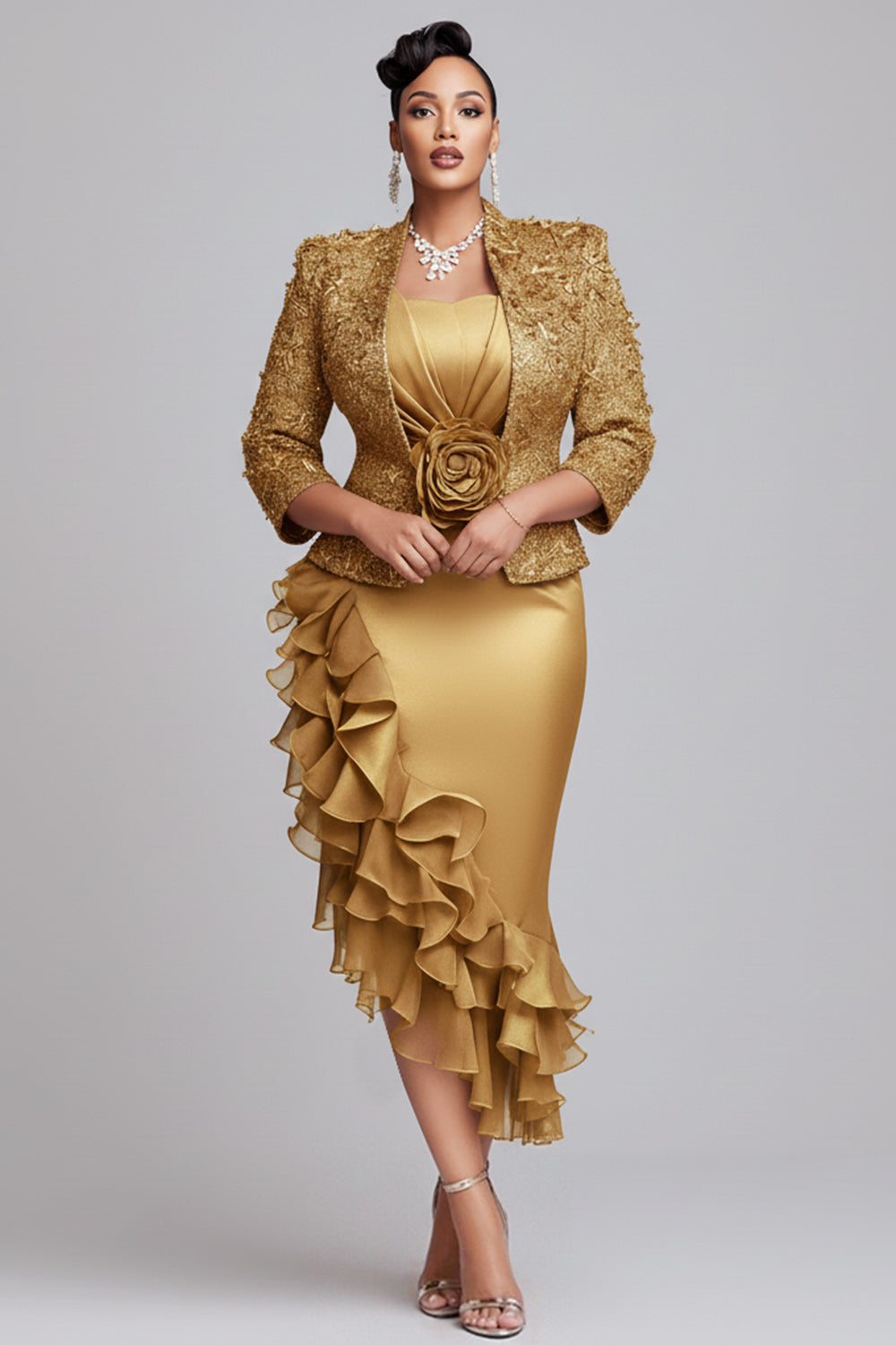 Churchs Gold 3/4 Sleeve Ruffle Elegant 3D Two Piece Dress Set
