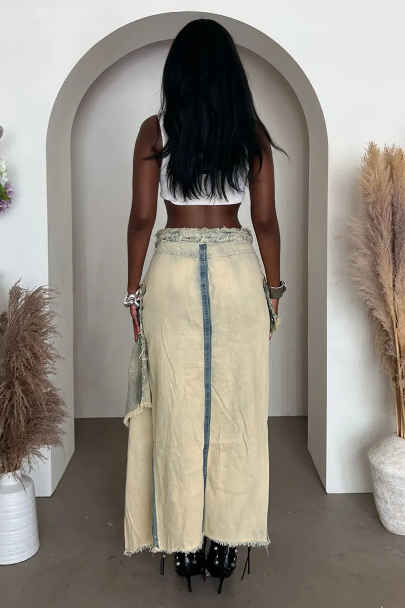 Women's Y2K Style Frayed Edge Asymmetric Split Denim Maxi Skirt