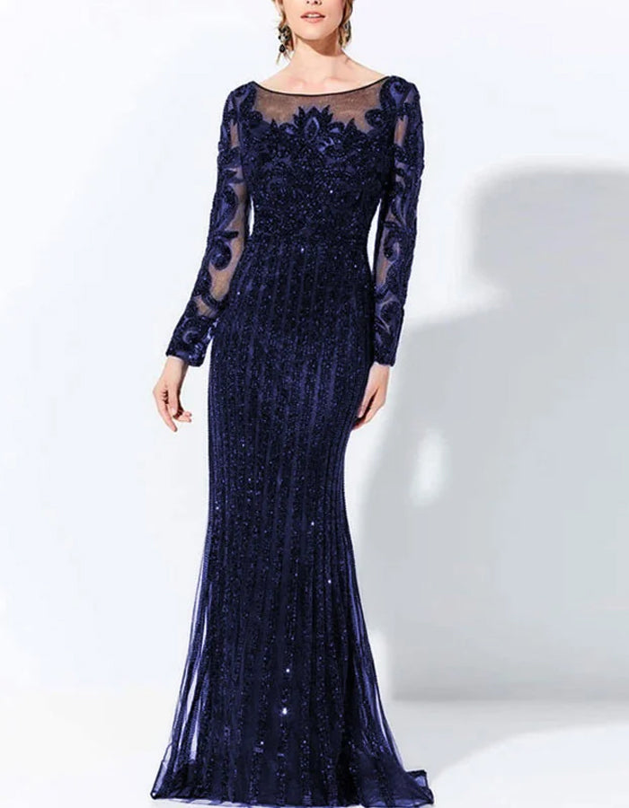 Round Neck Sequined Lace Long Sleeves Maxi Dress