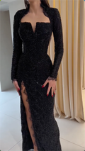 Black Long Sleeve Mermaid Evening Gown - All-Over Beaded Lace with High Slit Formal Dress