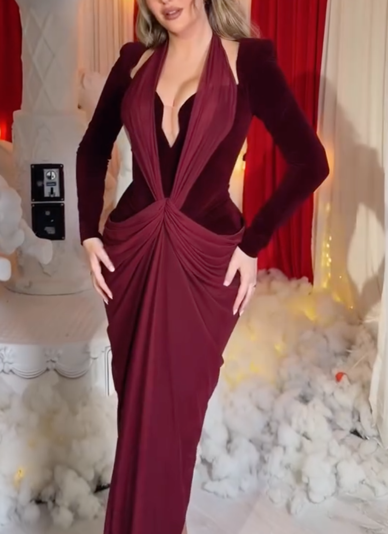 Burgundy Twist Front Maxi Dress with Deep V Neck