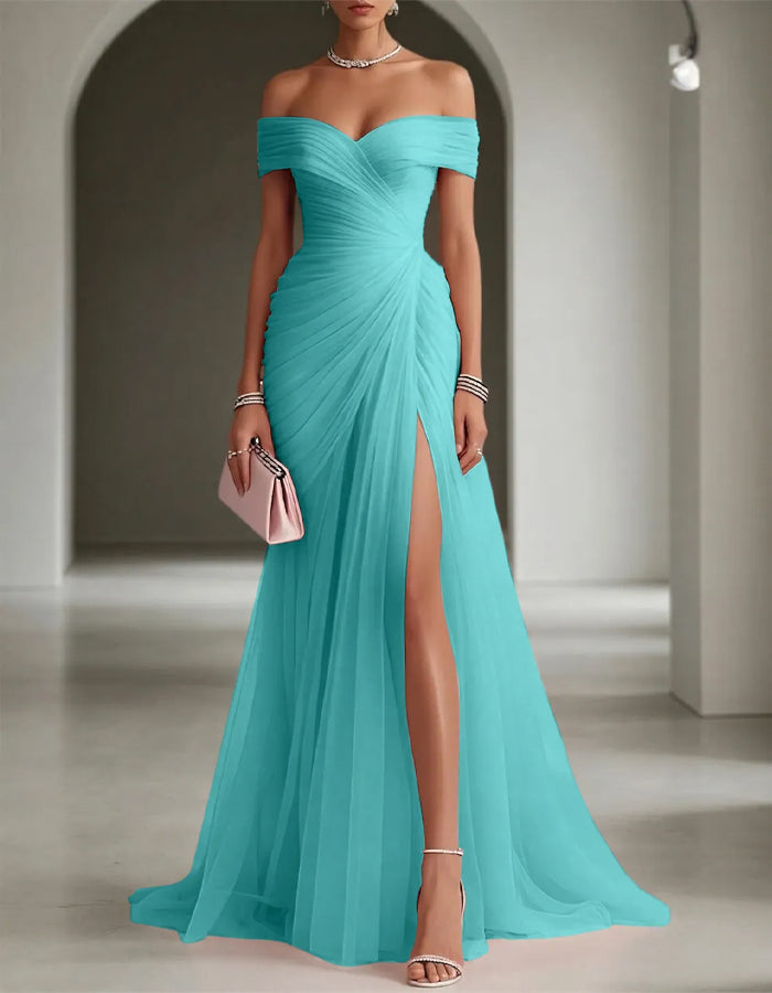 Solid Color Off Shoulder Mesh Ruching And Slit  Maxi Dress