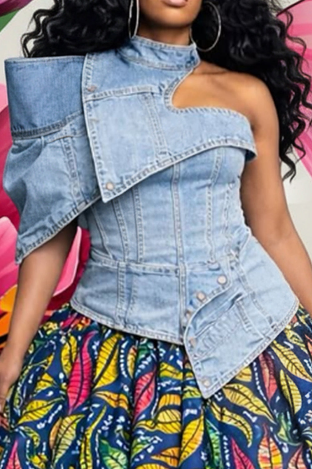 Plus Size Party Casual Blue Mock Neck One Shoulder Short Sleeve Asymmetric Hem Irregular Hem Cut Out Denim Tops
