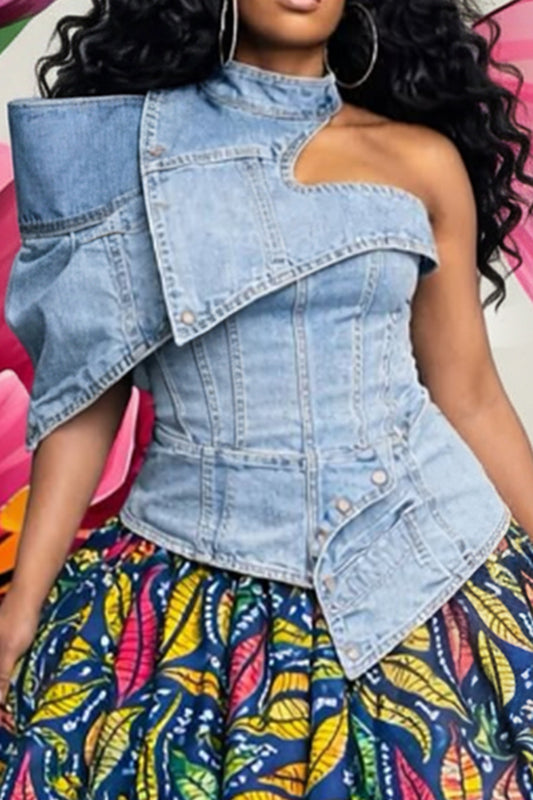 Plus Size Party Casual Blue Mock Neck One Shoulder Short Sleeve Asymmetric Hem Irregular Hem Cut Out Denim Tops