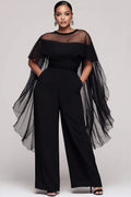 Elegant Black Round Neck Cape Sleeve Short Sleeve See Through Pocket Tulle Jumpsuits