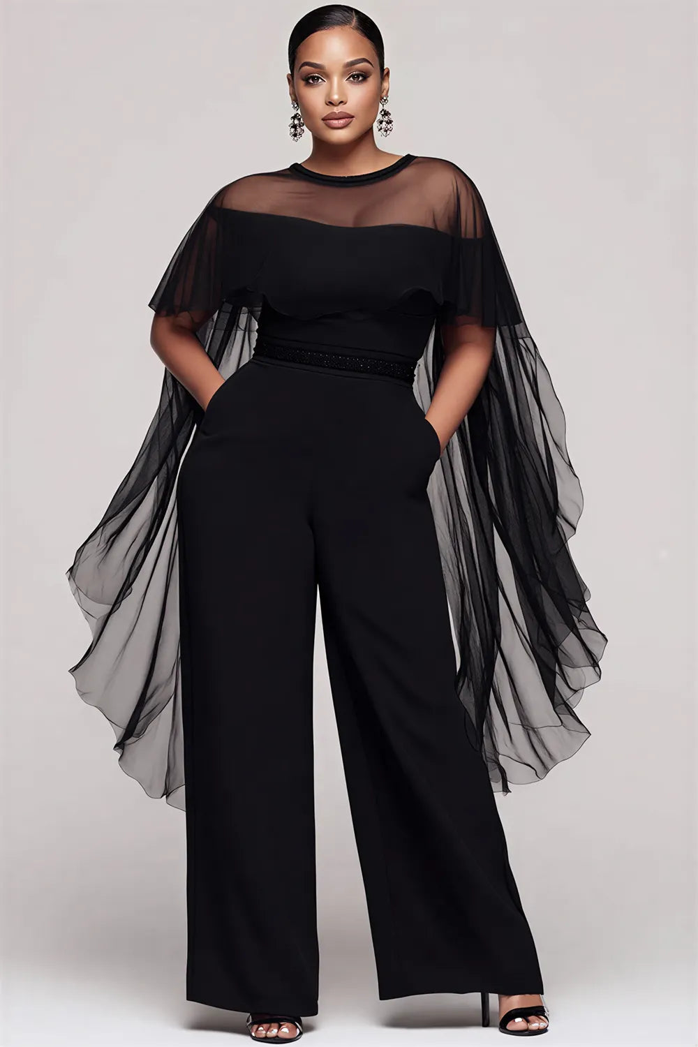 Elegant Black Round Neck Cape Sleeve Short Sleeve See Through Pocket Tulle Jumpsuits