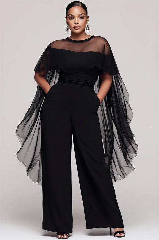 Elegant Black Round Neck Cape Sleeve Short Sleeve See Through Pocket Tulle Jumpsuits