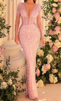 Pink Long Sleeve Crystal Embellished Maxi Dress
