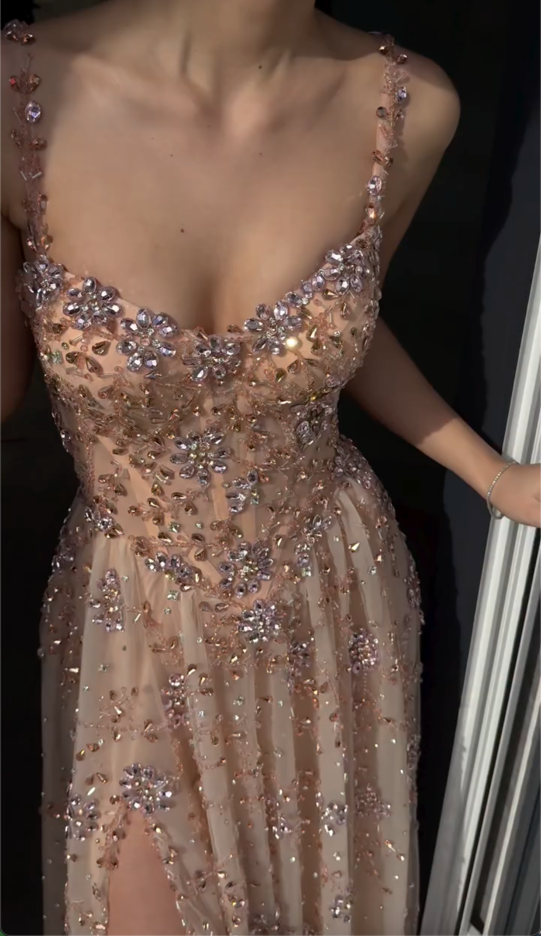 Multi-Color Floral Crystal Beaded Spaghetti Strap High Split Tulle Maxi Evening Dress, Formal Prom Pageant Gown