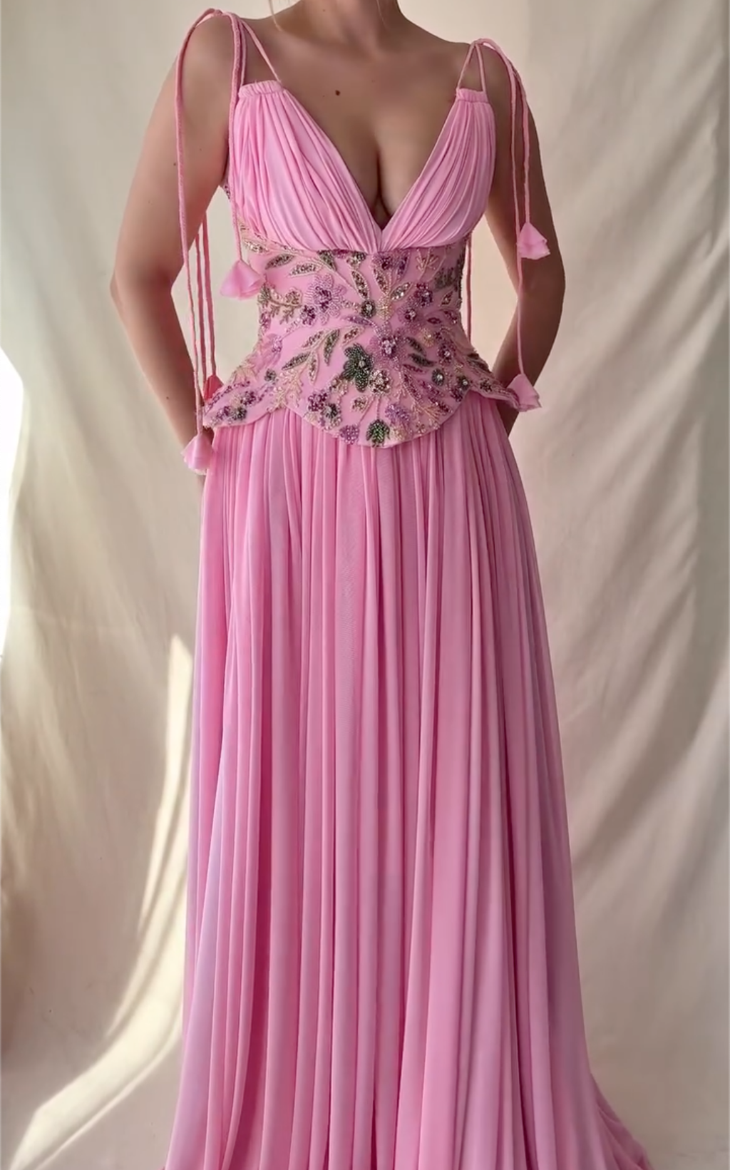 Blush Pink Spaghetti Strap Maxi Dress with Floral Beaded Peplum