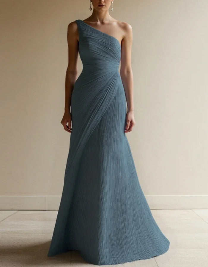 One Shoulder Pleated Solid Color Maxi Dress