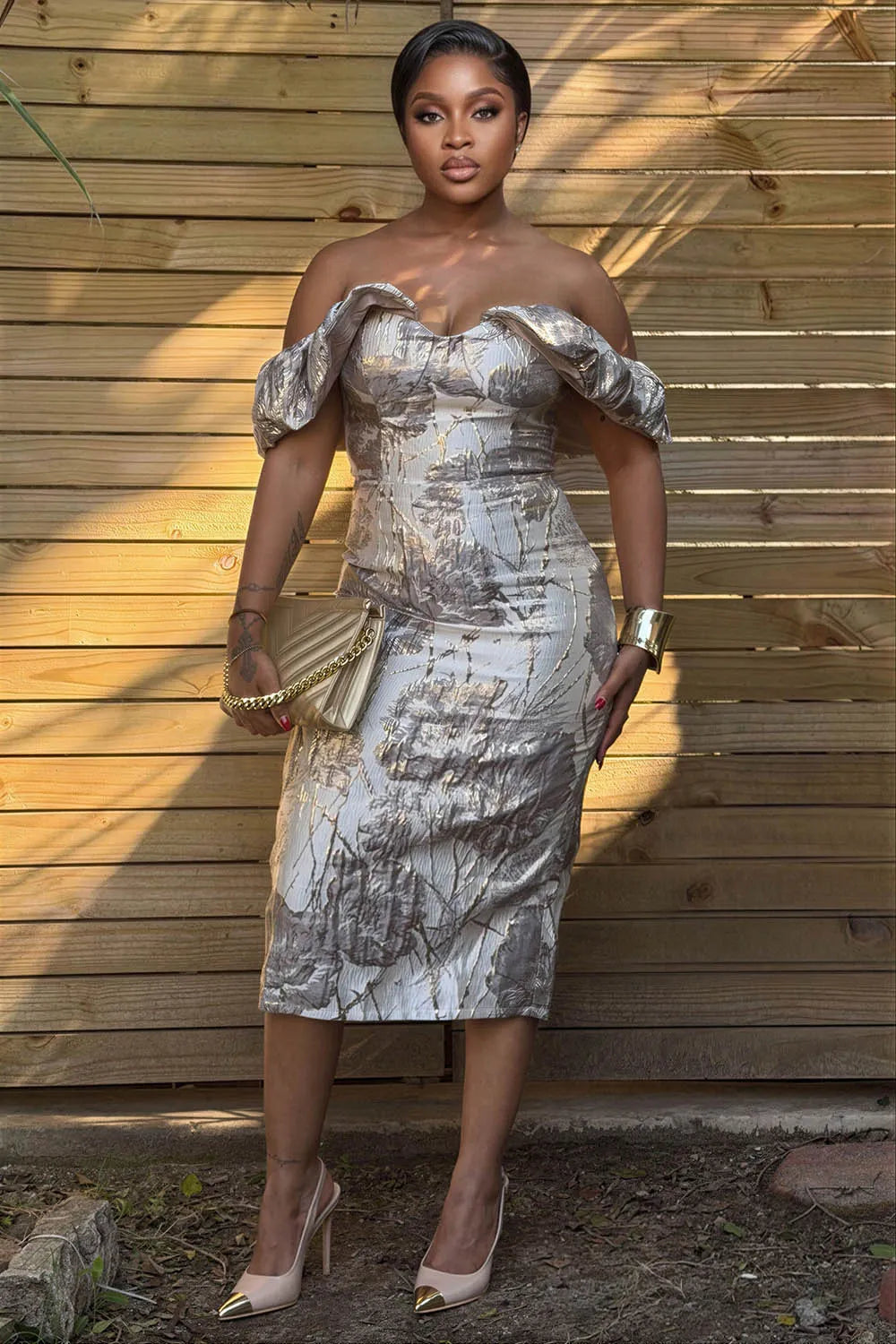Off Shoulder Jacquard Bodycon Evening Gowns Midi Dresses-Silver [Pre Order]