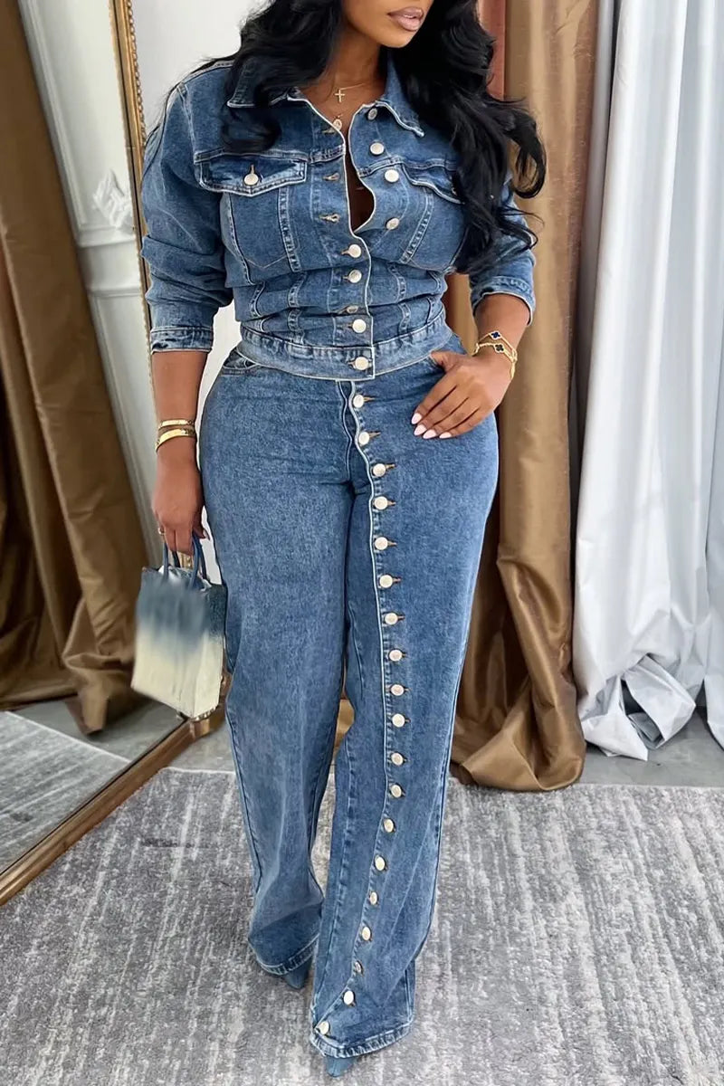 Women's Stylish Denim Suit with Multiple Buttons and A Lapel Collar