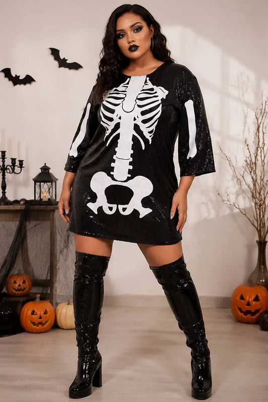 Halloween Costume Black Sequin Skeleton Mini Dress With Pocket(Ships 24h)