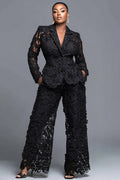 Black Lapel Collar Long Sleeve Cut Out Pocket Guipure Lace Two Piece Pant Suits