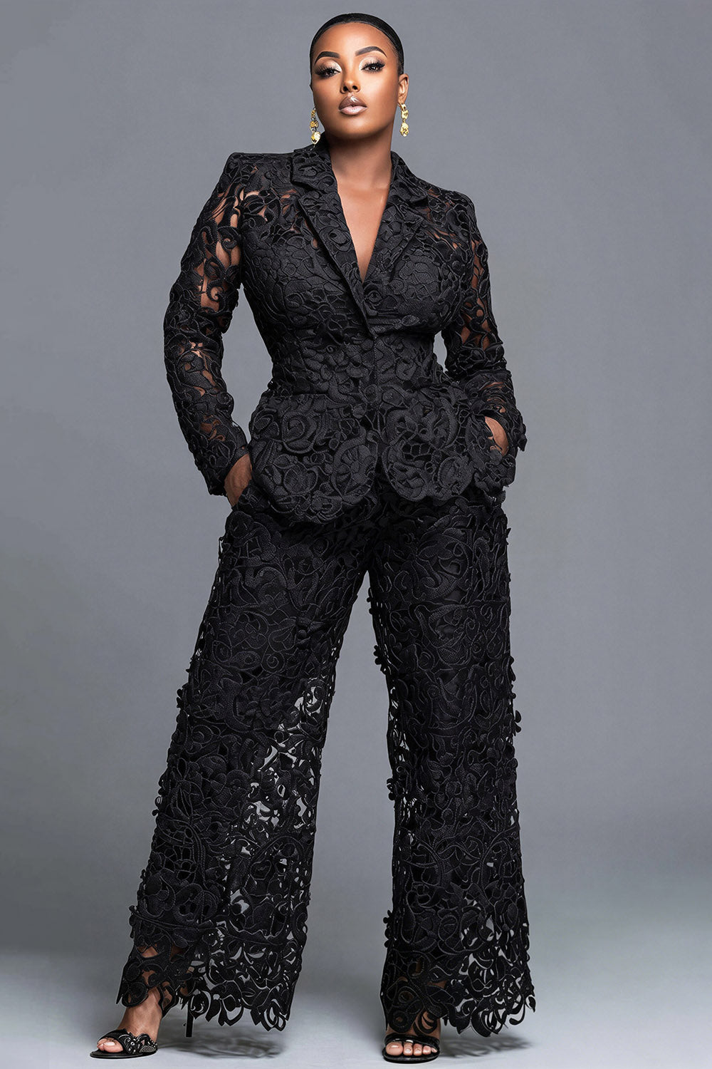 Black Lapel Collar Long Sleeve Cut Out Pocket Guipure Lace Two Piece Pant Suits