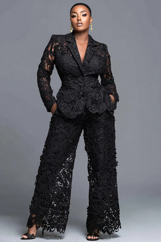 Black Lapel Collar Long Sleeve Cut Out Pocket Guipure Lace Two Piece Pant Suits