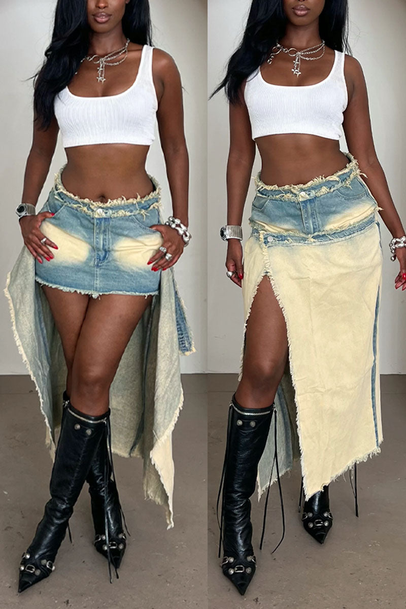 Women's Y2K Style Frayed Edge Asymmetric Split Denim Maxi Skirt