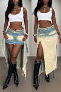 Women's Y2K Style Frayed Edge Asymmetric Split Denim Maxi Skirt