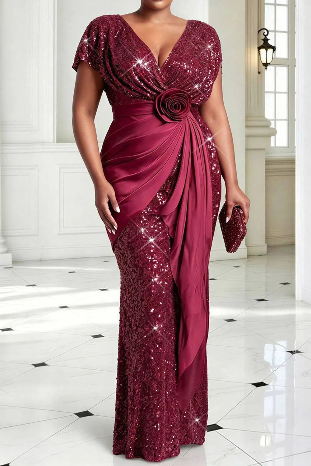 Satin Burgundy V Neck Short Sleeve 3D Contrast Sequin Maxi Dresses [Pre-Order]