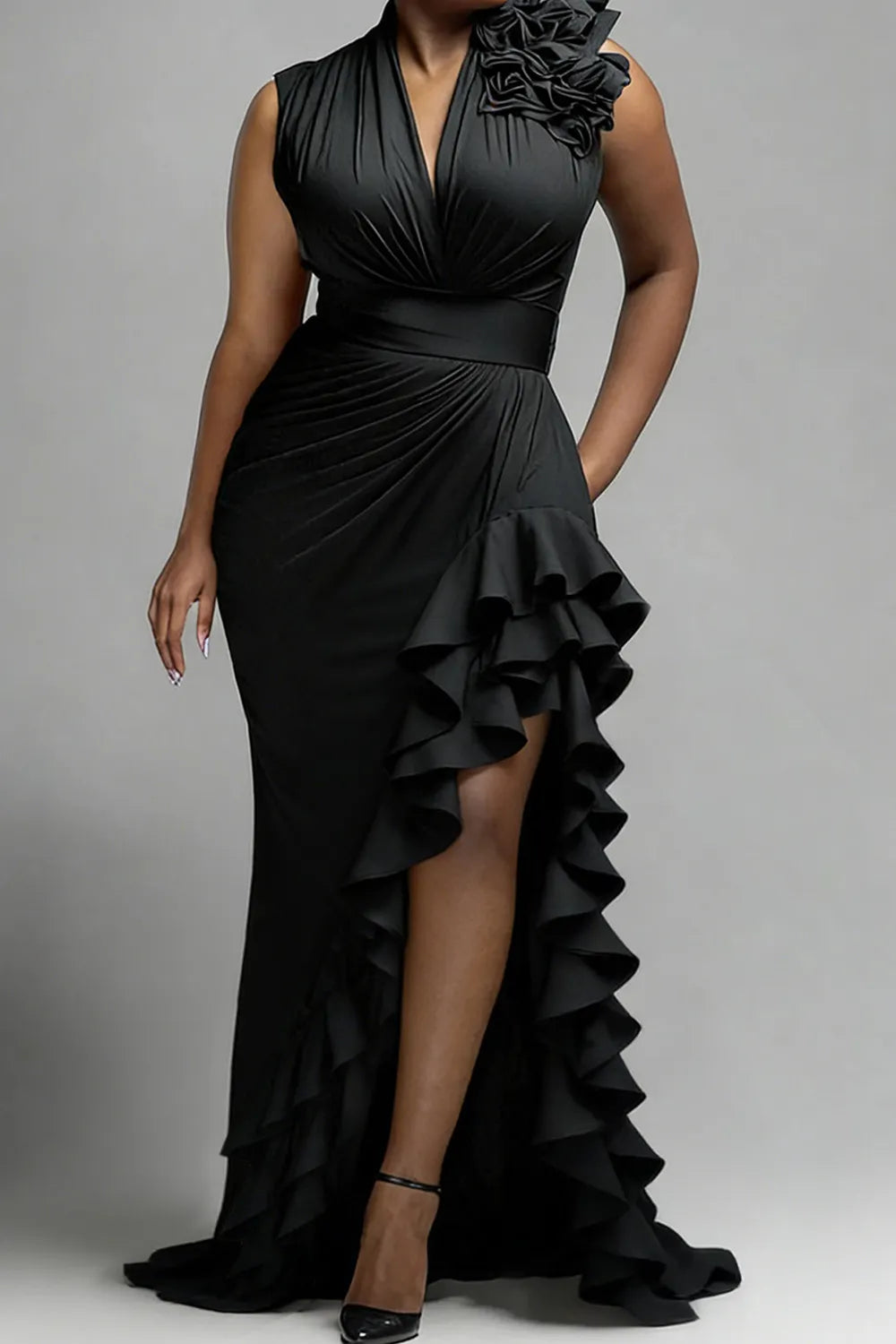 Black V Neck Split Elegant Ruffle Maxi Dresses