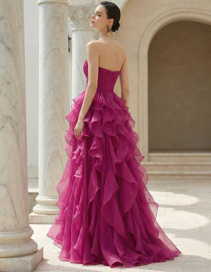 Rose Red Chiffon Strapless Tiered Maxi Dress