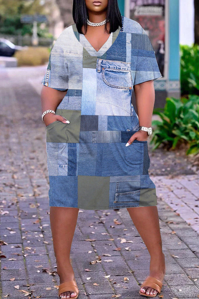 Xpluswear Plus Size Casual V Neck Short Sleeve Print Loose Midi Dress