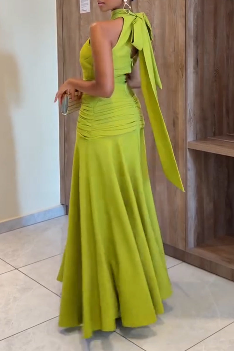 Women's Round Neck Sleeveless Waist Cinched Solid Color Elegant Temperament Dress