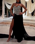 Black and Silver Strapless Beaded Mermaid Maxi Evening Gown - High Slit Formal Dress with Choker & Cape Detail