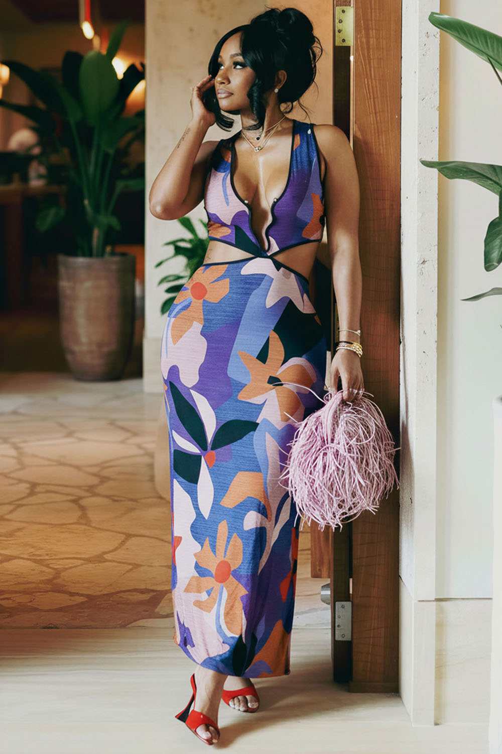 All Over Print Cut Out Slim Fit Vacation Maxi Dresses-Multicolor [Pre Order]