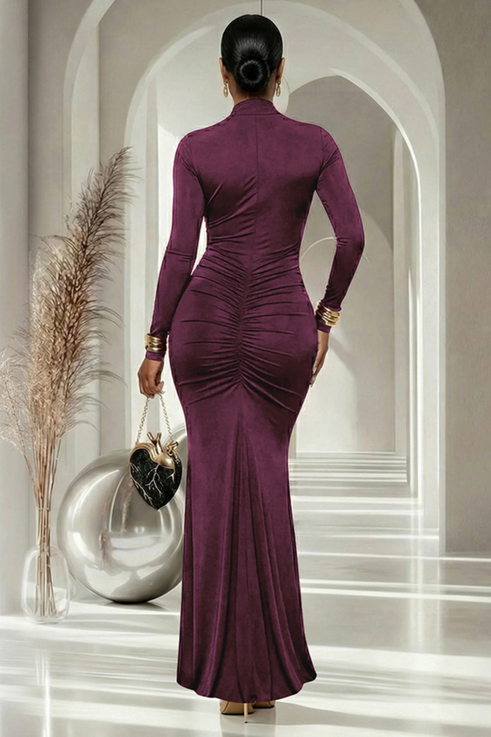 Cross Strap Front Cut Out Ruched Mermaid Evening Gowns Maxi Dresses-Burgundy