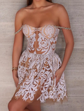 Nude Illusion White Lace Appliqué Off-Shoulder Mini Dress