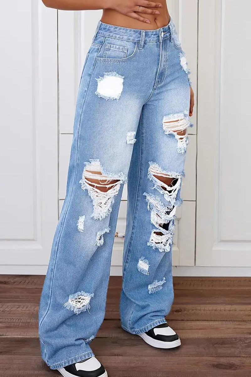 Women's Versatile Washed High-Waisted Loose Jeans