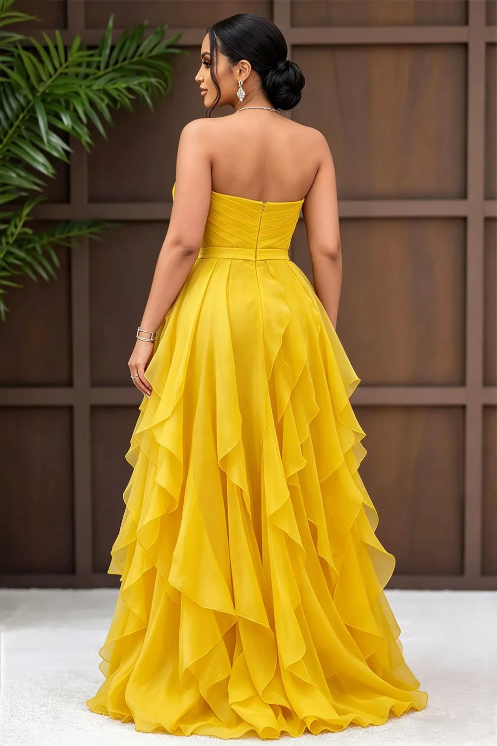 Strapless Metal Buckle Tiered Ruffle Hem Maxi Dresses-Yellow [Pre Order]