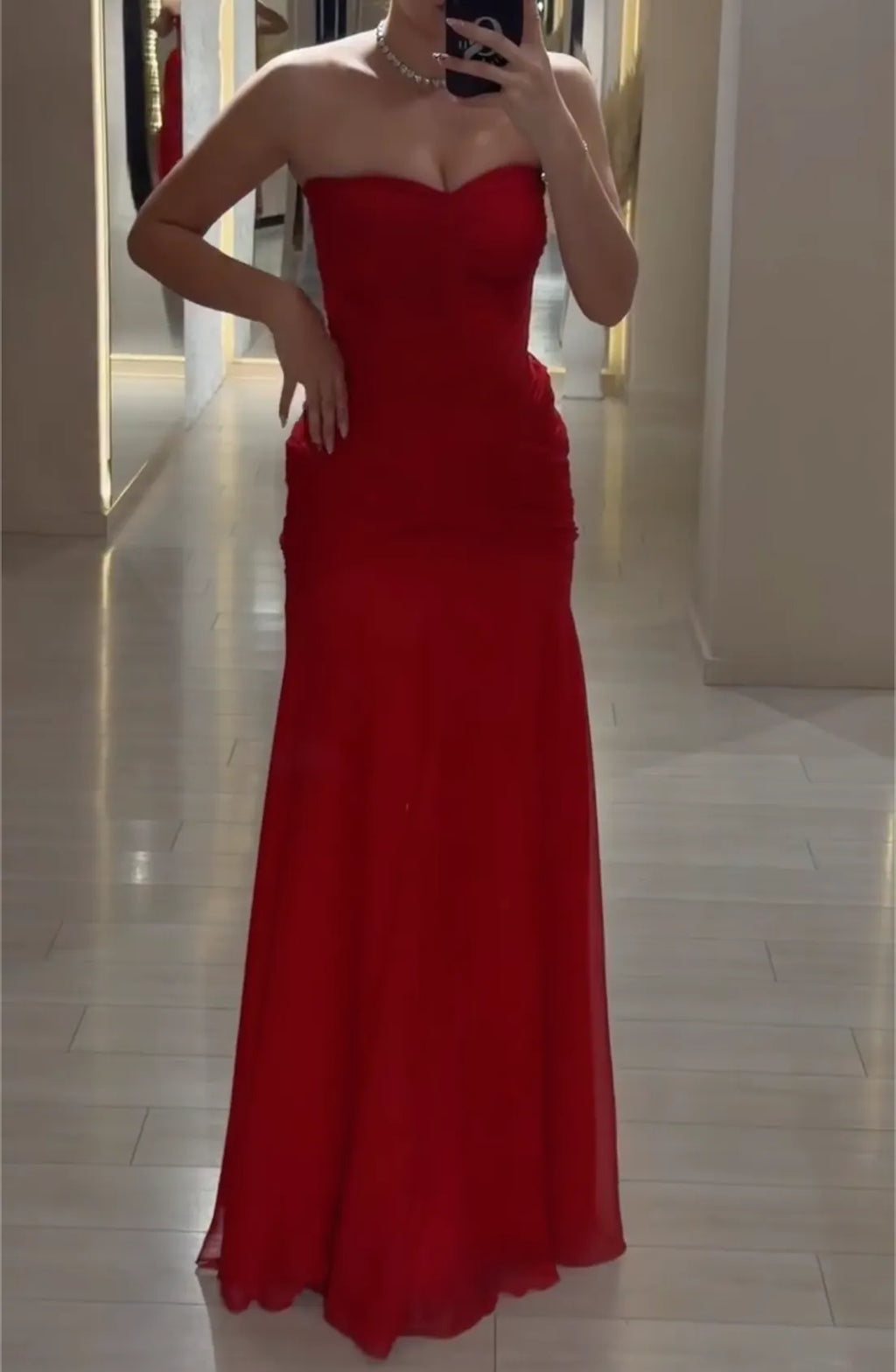 Red Strapless Sweetheart Evening Maxi Dress - Side Ruched Mesh Mermaid Formal Gown