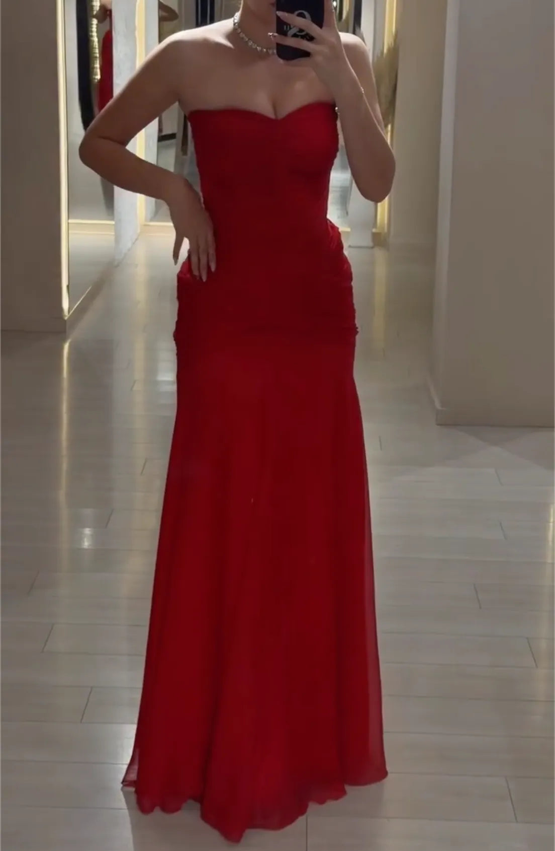Red Strapless Sweetheart Evening Maxi Dress - Side Ruched Mesh Mermaid Formal Gown