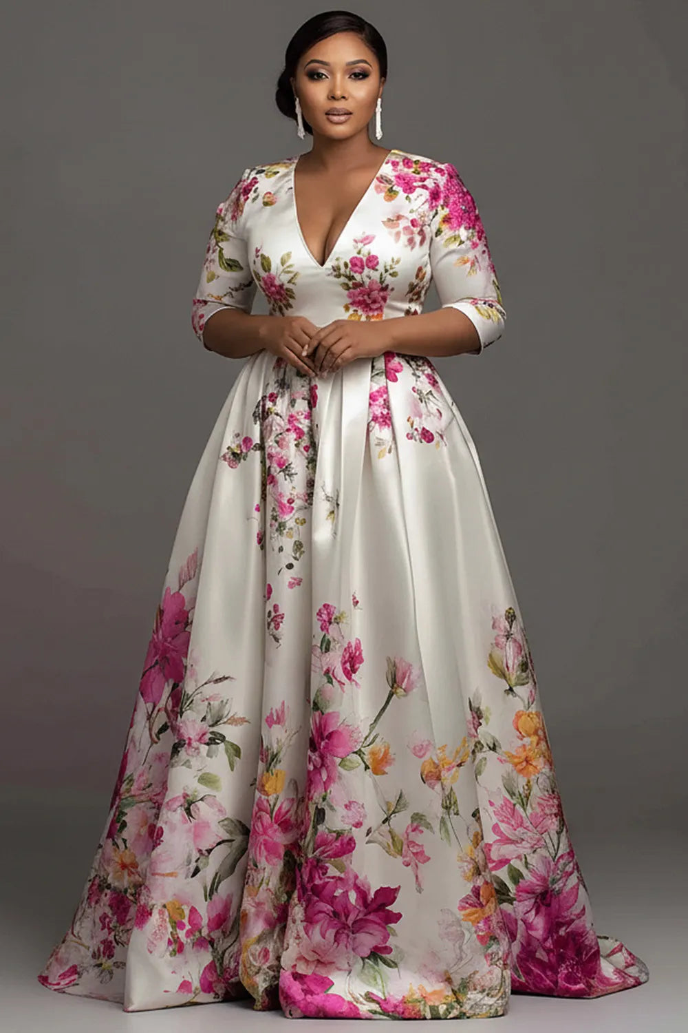 Multicolor Floral V Neck Short Sleeve Pocket Satin Maxi Dresses