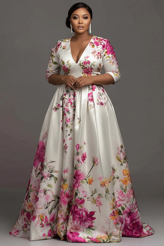 Multicolor Floral V Neck Short Sleeve Pocket Satin Maxi Dresses