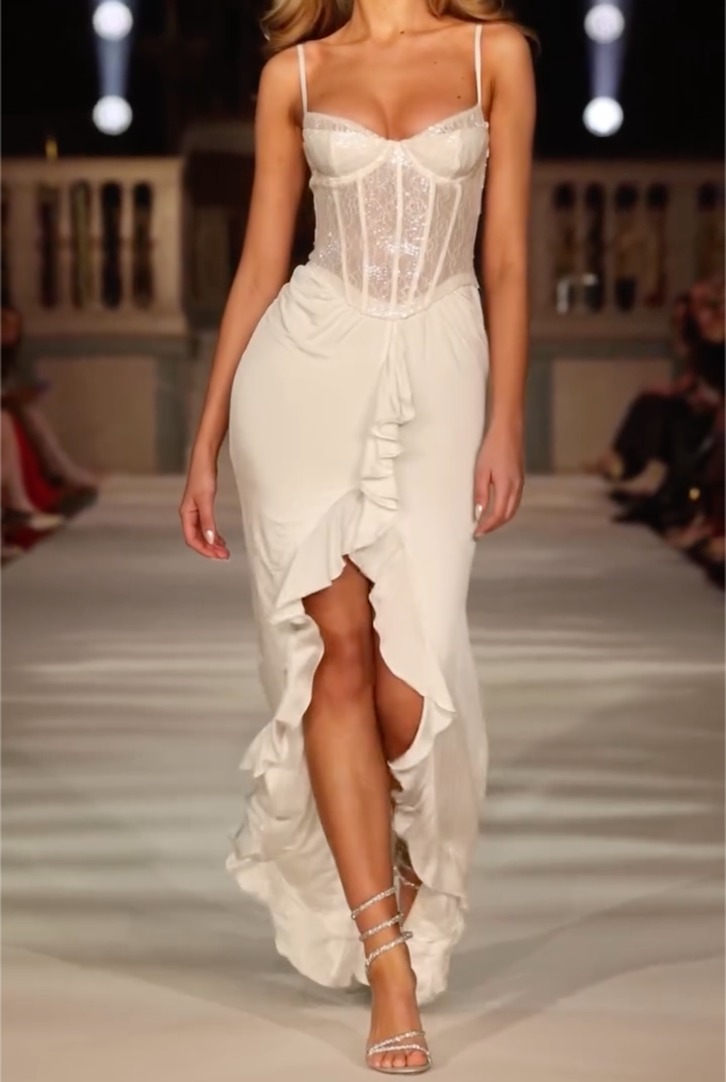 White Lace Corset High-Low Midi Dress with Ruffled Slit - Formal Evening Gown