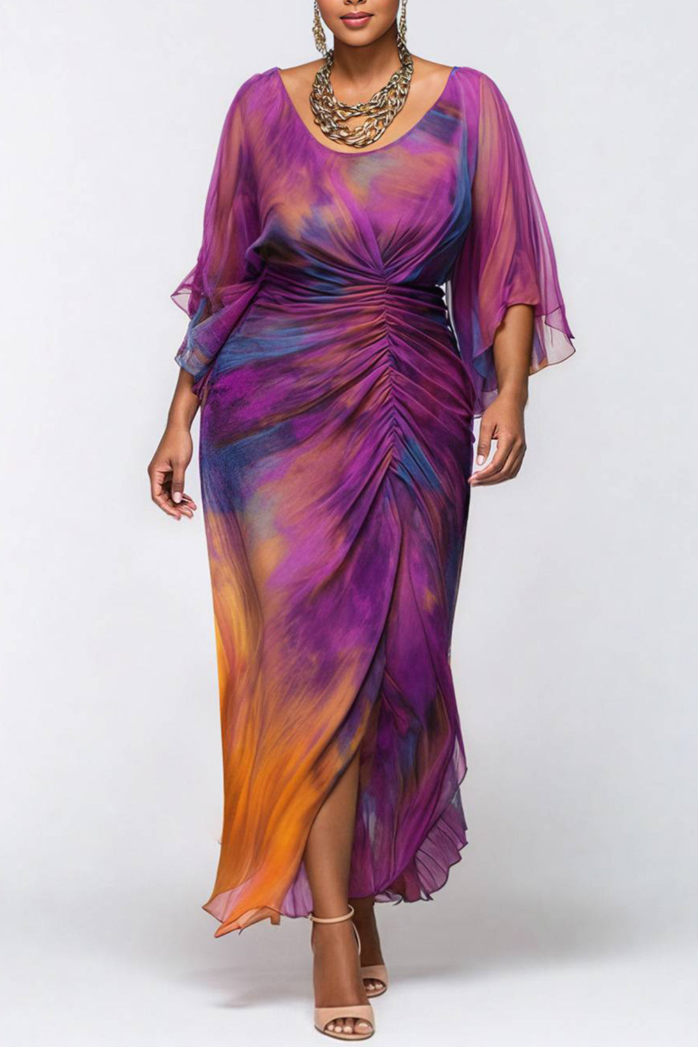 Cocktail Party Purple Tie Dye Round Neck Flare 3/4 Sleeve Ruched Chiffon Maxi Dresses