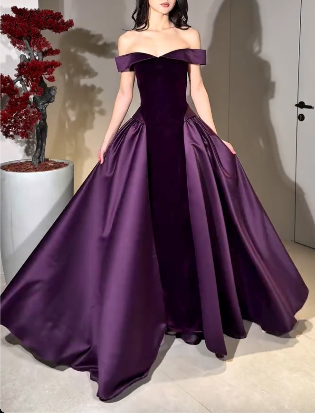 Plum Purple Off-the-Shoulder Velvet Maxi Dress with Satin Ball Gown Skirt