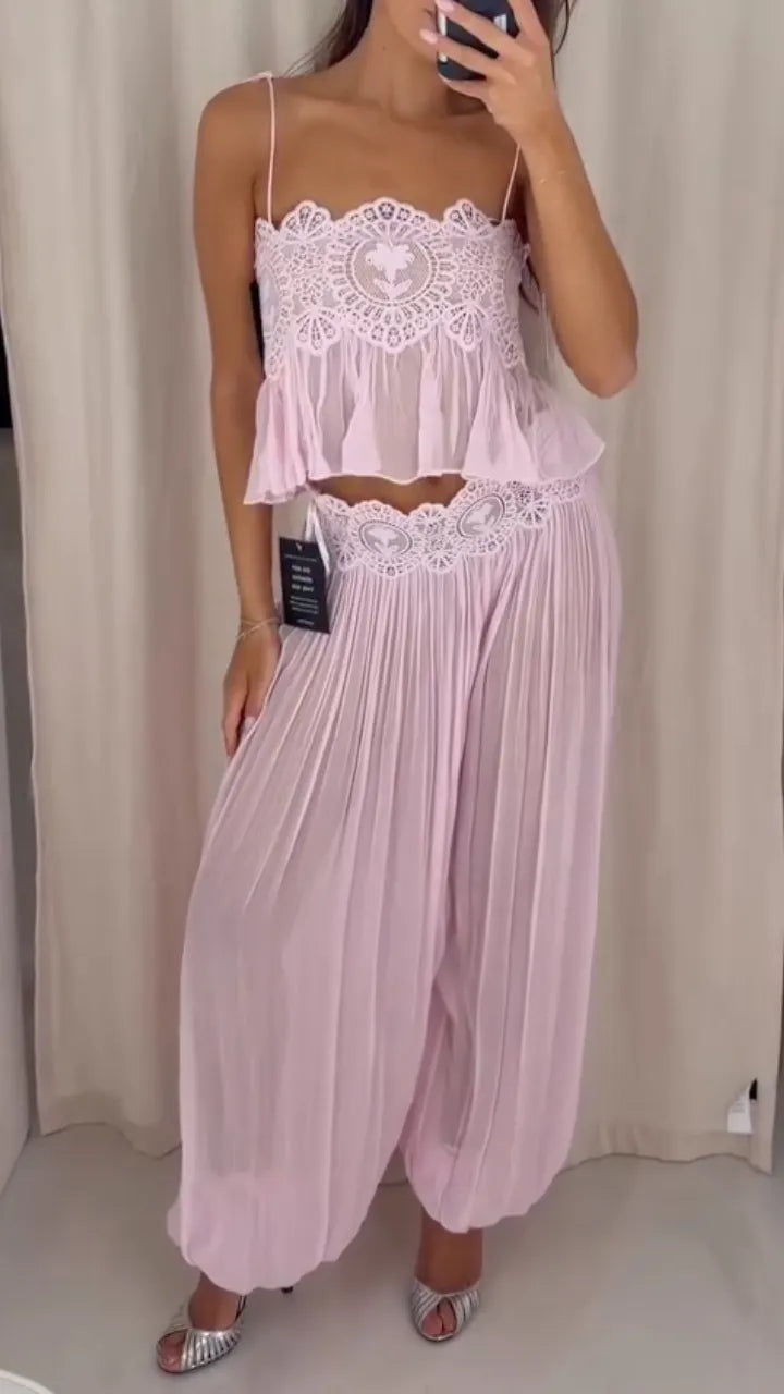 Bohemian Lace Trim Cami Top & Pleated Lantern Pants Set