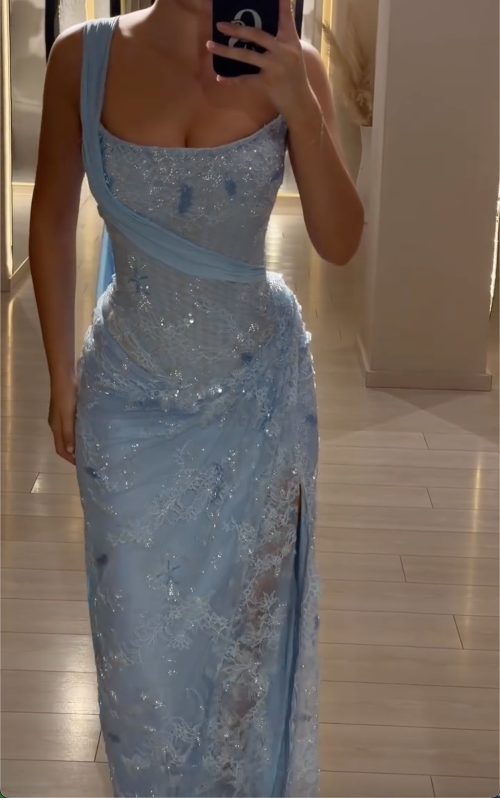Light Blue One-Shoulder Evening Dress - Beaded Floral Lace Formal Gown