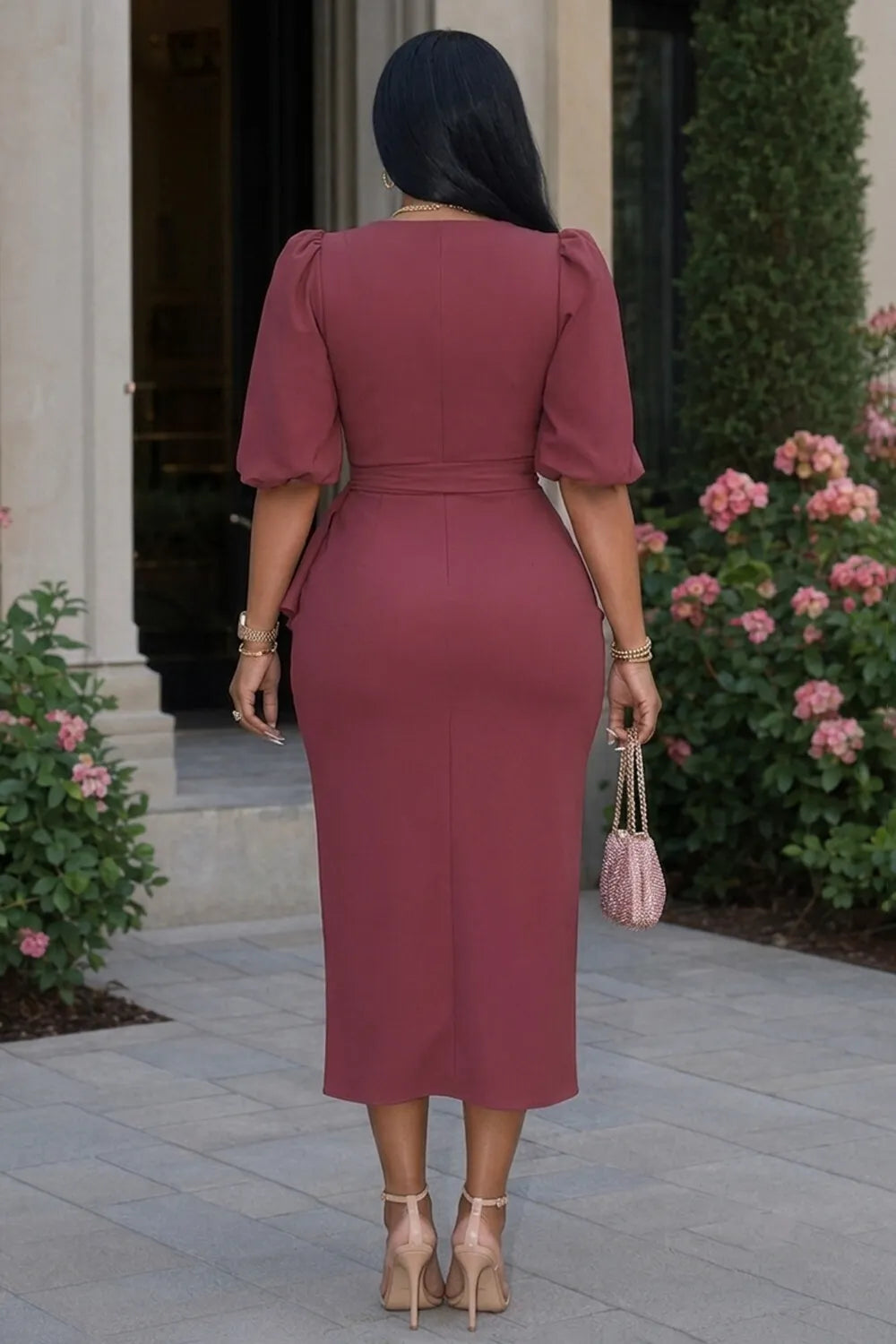 Crossover V Neck Puff Sleeve Ruched Wedding Midi Dresses-Purple [Pre Order]