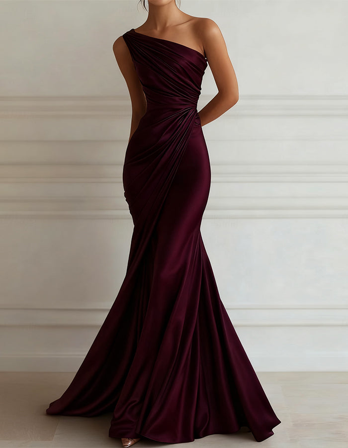 One-shoulder Stretch Satin Pleats Maxi Dress