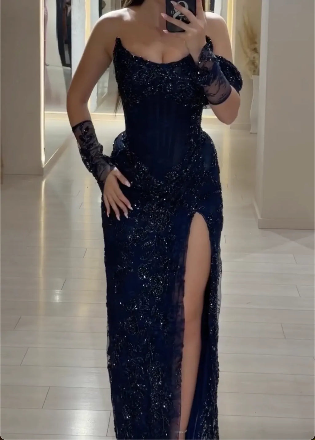 Navy Blue Strapless Sparkly Lace Corset Maxi Dress - High Slit Formal Evening Gown with Matching Gloves
