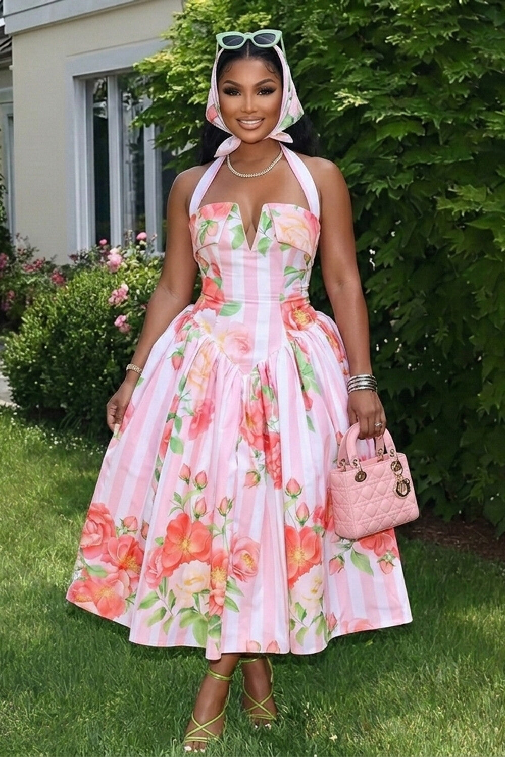 Halter V Cut Backless Floral Print A-Line Gowns Maxi Dresses-Pink [Pre Order]