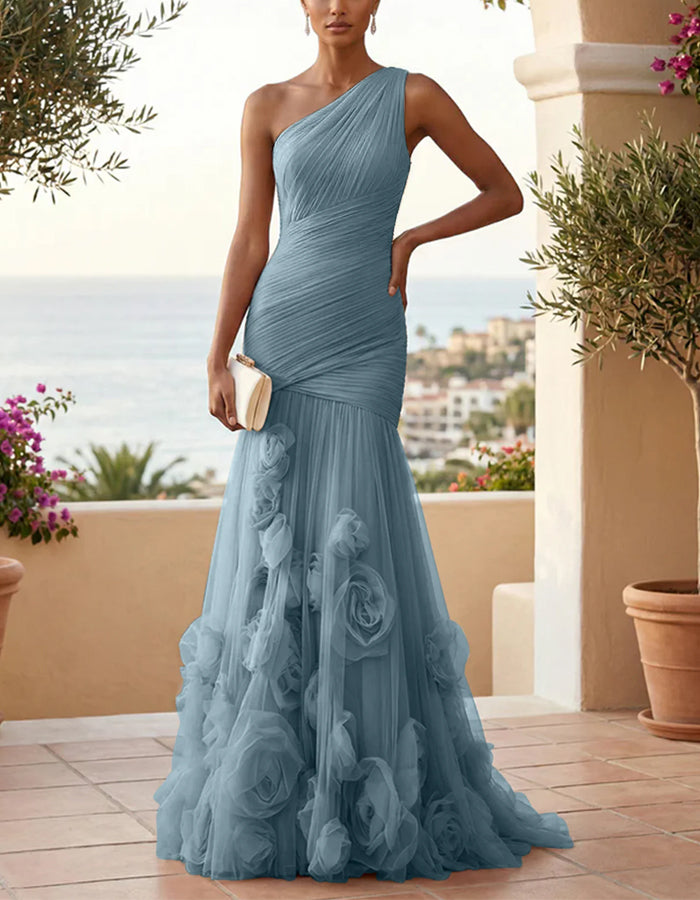 Solid Color One Shoulder 3D Floral Mesh Fishtail Maxi Dress