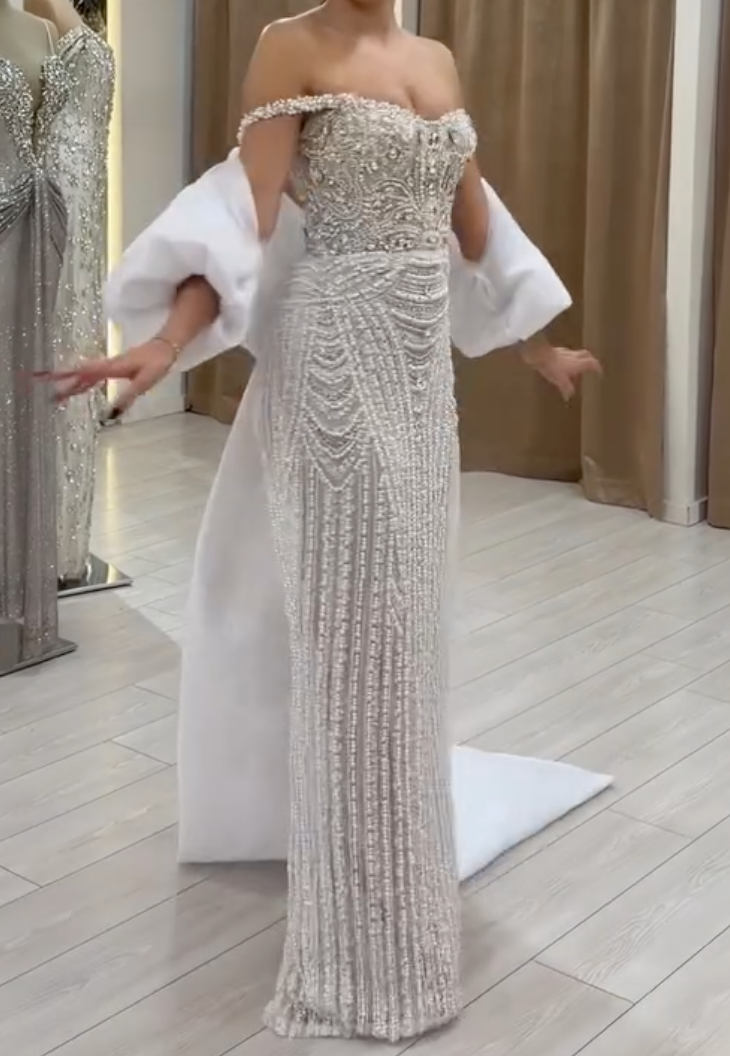 Ivory Beaded Off-the-Shoulder Maxi Dress